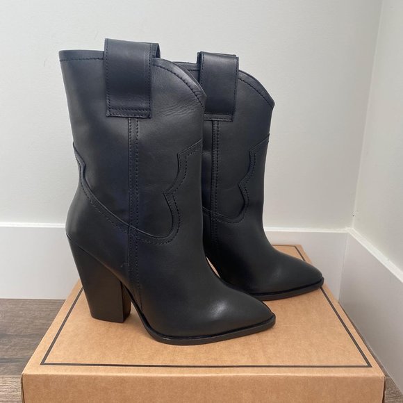 ASOS DESIGN Ranch leather mid-calf heeled western boots in black size 6 - Picture 2 of 5